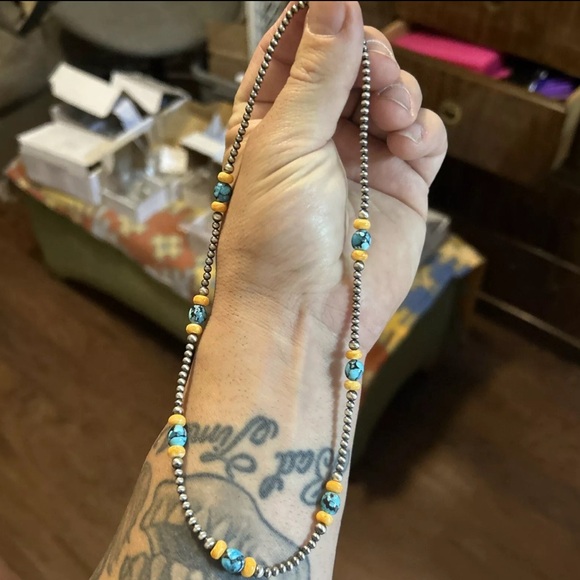 Sterling silver Native American Navajo pearl 18” 3mm pearls 6mm turquoise spiny - Picture 5 of 9